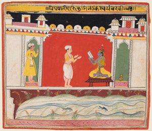 Ein Brahmane überbringt Krishna die Nachricht oder Einladung zum Wettbewerb für Rukminis Svayamvara, aus einem Bhagavata Purana