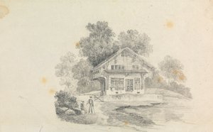 Ein Chalet mit zwei Figuren im Vordergrund von Unknown artist