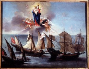 Ein Genueser Boot wird von einer Galeere und einer barbarischen Halb-Galeere angegriffen. Ex-voto 1796. Museo navale di Genova-Pegli von Unknown artist