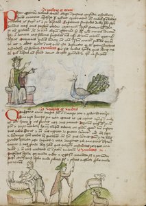 Ein König auf dem Thron spricht zu einem Pfau; Ein Hirte tötet einen Widder; Ein Hirte mit einem Stab und einem Messer vor zwei Ziegen