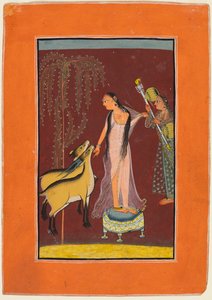 Eine Dame mit Dienerin und einem Paar Hirsche: Wahrscheinlich Gujari Ragini von Dipak, aus einer Pahari Ragamala von Unknown artist