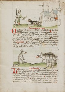 Ein Mann mit einem Schwert und ein Hund mit einem Knochen; Ein Wolf und ein Schwein