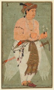 Ein Mogulprinz, vielleicht Danyal, hält einen Blumenstrauß von Unknown artist