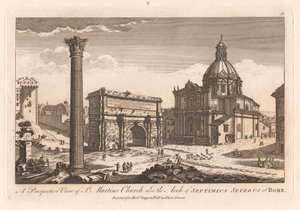 Eine perspektivische Ansicht der St. Martins Kirche und des Bogens von Septimius Severus in Rom