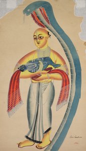 Eine Schlange schützt Vasudeva, der seinen Säuglingssohn Krishna in Sicherheit bringt