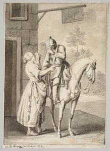 Ein Soldat in Rüstung vor einer Taverne von Unknown artist