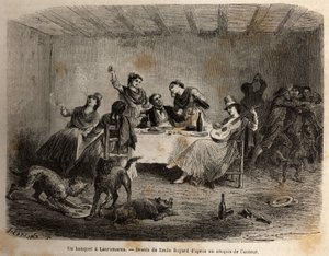 Ein Bankett in Lauramarca (Unterperu), ein Mann, umgeben von indianischen Frauen, wird bedient und verwöhnt, während seine Diener, seine Ablenkung ausnutzend, ohne sein Wissen aneinander geraten. Gravur zur Illustration der Reise in die Täler von Quinquina von Unknown artist