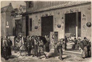 Eine Buchhandlung, mit Bücherstapeln und Lesern, in Yedo (oder Edo, dem heutigen Tokio), geöffnet in einer belebten Straße. Gravur zur Illustration der Reise nach Japan, 1863-1864, von Aime Humbert, Minister der Schweizerischen Eidgenossenschaft, in „Le to