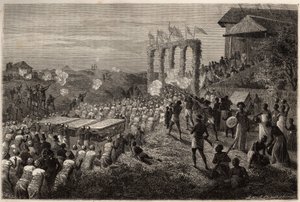 Ein Hochzeitszug in Tete (Mosambik). Gravur zur Illustration der ersten Reisen von Dr. Livingstone nach Südafrika von 1840 bis 1856, in „Le tour du monde, nouveau journal des voyages“ herausgegeben unter der Leitung von Edouard Charton