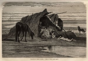 Ein Lager von nomadischen Zigeunern in den Ebenen Nordbosniens. Gravur zur Illustration der Reiseerinnerungen unter den südlichen Slawen, von Georges Perrot, 1868, veröffentlicht in "Le tour du monde" 1870-1871, herausgegeben von Edouard Charton, Hachette, von Unknown artist