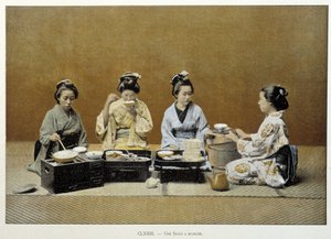Ein Speisesaal in Japan: Frauen essen Reis mit Essstäbchen und eine von ihnen serviert Tee - n.d. Ende 19. Jahrhundert von Unknown artist