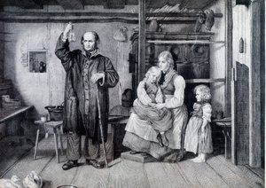 Ein Arzt untersucht eine Flasche, wahrscheinlich eine Urinflasche, während eines Besuchs bei einer Mutter und ihren zwei Kindern, die in Armut leben (Gravur)