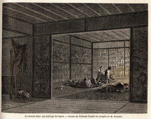 Ein Schlafsaal in einem Gasthaus in Japan. Gravur zur Illustration der Reise nach Japan 1863-1864, von Aime Humbert, Minister der Schweizerischen Eidgenossenschaft, in „Le tour du monde, nouveau journal des voyages“, veröffentlicht unter der Leitung von Ed von Unknown artist