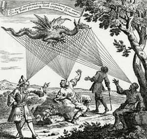 Ein Drache aus verschiedenen Blickwinkeln, basierend auf einem Kupferstich aus Zahns „Oculus artificialis teledioptricus“ von Unknown artist