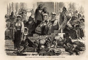 Eine Gruppe von Bauern und Hirten versammelt sich zur Feier der Karwoche auf den Stufen von St. Peter im Vatikan. Gravur zur Illustration der Geschichte der Karwoche in Rom, im Jahr 1863, von Ludovic Celler, in „Le tour du monde, nouveau journal des voyage