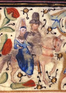 Ein Ritter und seine Dame: Französische Buchmalerei des 14. Jahrhunderts aus einem Manuskript von Petrarca. Biblioteca comunale di Rimini