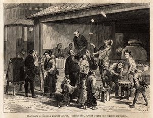 Eine lebhafte Szene einer Straße in Edo (Tokio), mit einem reisenden Jongleur vor einem Fischladen und einem billigen Stoffverkäufer. Gravur zur Illustration der Reise nach Japan, von Aime Humbert, Minister der Schweizerischen Eidgenossenschaft, 1863-1864,