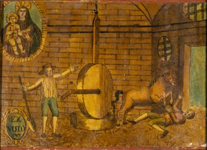 Ein Mann wird von einem Pferd umgeworfen, Ex-Voto aus dem späten 18. Jahrhundert