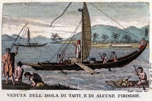 Eine polynesische Schaukelkanu in Tahiti. An Bord eine Ladung Kokosnüsse und Brotfrüchte. Lithografie aus dem 19. Jahrhundert von Unknown artist