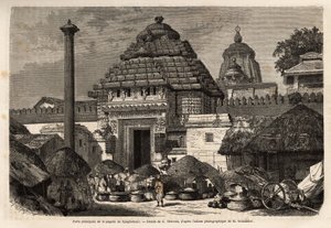 Ein beliebter Spaziergang vor dem Haupttor der Djaghernaut-Pagode (um 1200 erbaut), einer heiligen Stadt und Pilgerstätte im südlichen Bengalen. Gravur zur Illustration der Reise in die südlichen Provinzen Indiens, von Alfred Grandidier, veröffentlicht in 