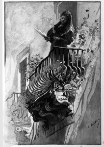 Eine hübsche Frau hat ihren blumengeschmückten Balkon an einem Sommerabend in Syrakus. Sizilien, Gravur aus dem 19. Jahrhundert von Unknown artist
