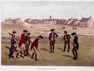 Eine Runde Golf mit britischen Herren in St. Andrews in Schottland im Jahr 1800. Lithographie des 19. Jahrhunderts von Unknown artist