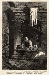 Ein Schuster, der seine Werkstatt in antiken Ruinen eingerichtet hat. Gravur zur Illustration der Reise nach Rom, von Francis Wey, 1864-1868, veröffentlicht in „Le tour du monde“, 1869, herausgegeben von Edouard Charton, Hachette, Paris. Selva-Sammlung. von Unknown artist