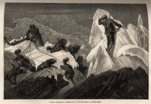 Ein Schlitten und seine Besatzung, verloren in den Hummocks, zerrissene Eisblöcke, die die Oberfläche des Packeises beleben. Illustration der Reise zum freien Meer des Arktischen Pols, von Dr. Hayes, Chirurg der US-Marine, 1860-1862, veröffentlicht in "Le 