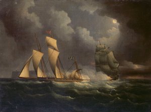 Ein Schmuggler-Lugger verfolgt von einer Marine-Brigg, um 1825 von Unknown artist
