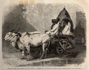 Ein Reisewagen, gezogen von zwei weißen Ochsen, für Damen oder wohlhabende Hindus. Gravur zur Illustration der Reise in die südlichen Provinzen Indiens, von Alfred Grandidier, 1862-1864, veröffentlicht in „le tour du monde“, unter der Leitung von D