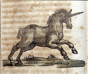 Ein Einhorn, mythologisches Tier - Gravur aus einem Werk von Athanasius Kircher (1601-1680), Jesuit, Orientalist und deutscher Gelehrter von Unknown artist