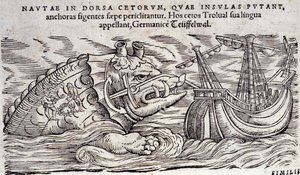 Ein Wal, der mit einer Insel verwechselt wird. Zwei Personen entzünden ein Feuer auf dem Rücken eines Meeresmonsters. Gravur in „Historia Animalium“ von Conrad Gesner (1516-1565), Tiguri von Unknown artist