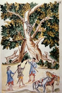 Eine Wildkatze sitzt auf einem Baum, Jäger warten auf sie, aus dem Buch „Trujillo del Peru“ oder „Códice Martínez Compañón“, von Baltazar Martínez Compañón y Bujanda, Bischof von Trujillo (1782-1785)