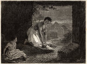 Eine Frau mahlt Getreide in einem Brenner, die Mühle besteht aus einem stationären Granitblock in Form einer Rinne und einem konvexen Quarzstück. Gravur zur Illustration von Dr. Livingstones ersten Reisen nach Südafrika von 1840 bis 1856, in „Le tour du mo