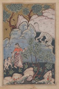 Eine Frau mit zwei Kindern, die ihr Zuhause verlassen hat, geht in den Wald, wo sie einem Leoparden begegnet, aus einem Tuti-nama (Geschichten eines Papageis): Dreißigste Nacht von Unknown artist