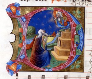 Abraham wird vom Herrn eingeladen, sein Land zu verlassen. Miniatur aus einem Chorbuch des 15. Jahrhunderts („civitatis“ von Augustinus).