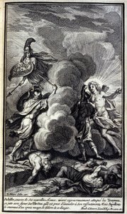 Achilles, mit seinen neuen Waffen, greift die Trojaner an (Illustration aus Buch XX der Ilias von Homer)