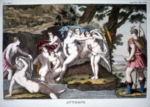 Acteon wird in einen Hirsch verwandelt - in Dizionario mitologico von Unknown artist