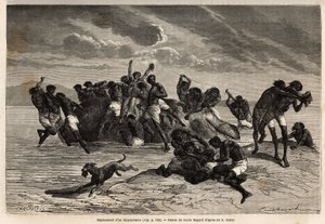 Nachdem sie ihren Anteil und den dem Anführer des Hamran-Stammes zugewiesenen Anteil genommen haben, kämpft die Menge brutal um die verbleibenden Stücke. Gravur zur Illustration der Erforschung der abessinischen Nebenflüsse des Nils, von Sir Samuel W. Bake von Unknown artist