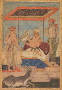 Akbar und Jahangir untersuchen einen Ghir-Falken, während Prinz Khusrau dahinter steht von Unknown artist