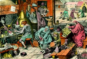 Alchemielabor Ein Alchemist konsultiert ein Grimoire. Gravur des 16. Jahrhunderts Private Sammlung von Unknown artist