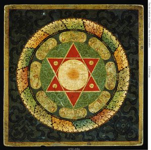 Altartisch mit Mandala des weiblichen tantrischen erleuchteten Wesens (Vajrayogini)