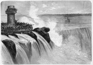 Amerikaner Jenkins überquert die Niagarafälle auf einem Velociped im Jahr 1869