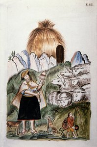 Eine indische Schäferin in der Nähe ihrer Hütte mit ihrer Herde, aus dem Buch "Trujillo del Peru" oder "Códice Martínez Compañón", von Baltazar Martinez Compañón y Bujanda, Bischof von Trujillo (1782-1785)