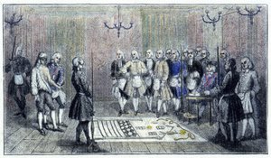 Eine Lehrlingsloge in Paris, um 1740: Diese Szene zeigt die Aufnahme eines „Lehrlings“ Freimaurers (auf dem Boden das Gemälde der Lehrlingsloge) - nach einer Gravur der Zeit. von Unknown artist