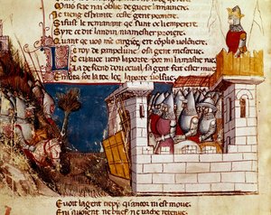Eine Armee (vom König von Pamplona?) nimmt Zuflucht in einer Burg und überquert die Miniatur-Levis-Brücke aus „Entrée von Spanien“. 14. Jahrhundert Venedig, Biblioteca Marciana.