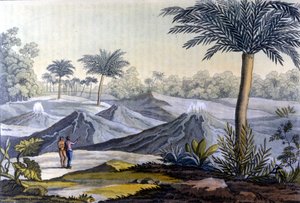Ein indigener Mann zeigt Humboldt die Vulcancitos in der Nähe von Turbaco in Ecuador. Aus dem Buch von Alexander von Humboldt von Unknown artist