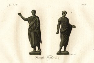 Antike etruskische Statuen, die Männer in Toga, Tunika, Calzari (Schuhe) usw. zeigen
