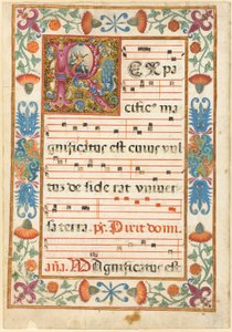 Engel, der ein Instrument in einem verzierten Initial "R" mit Flora, Fauna und Grotesken spielt, aus einem Antiphonar von Unknown artist