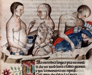 Antaeus der Riese senkt Dante und Virgil auf den gefrorenen Boden des Kreises des Verrats (Gesang 31 aus der Hölle, in der Göttlichen Komödie) - Miniatur 15. Jahrhundert
